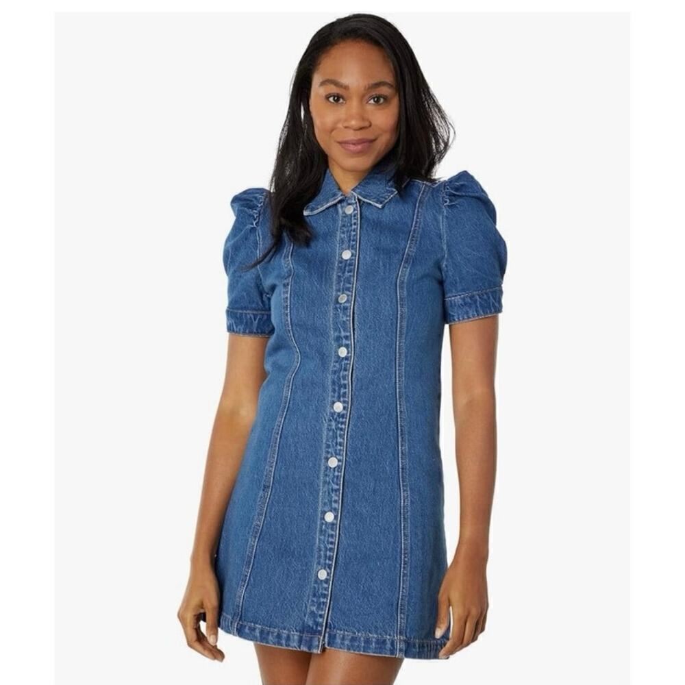 BLANK NYC NWT Walk In The Park Denim Puff Sleeve Mini Dress Size Large - Picture 1 of 13
